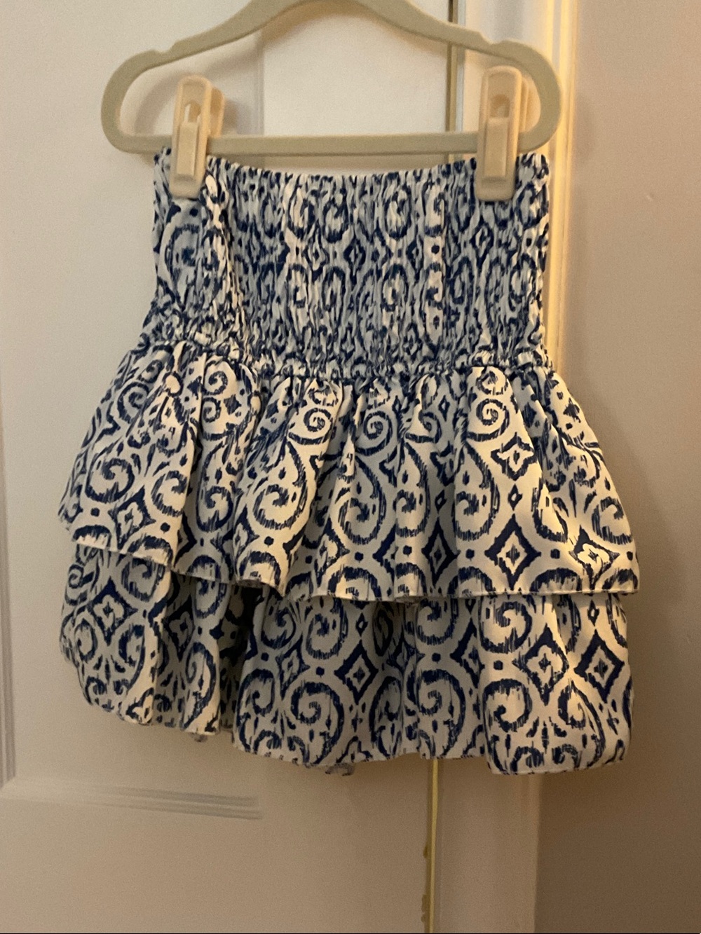Smocked Blue and White Tiered Mini Skirt